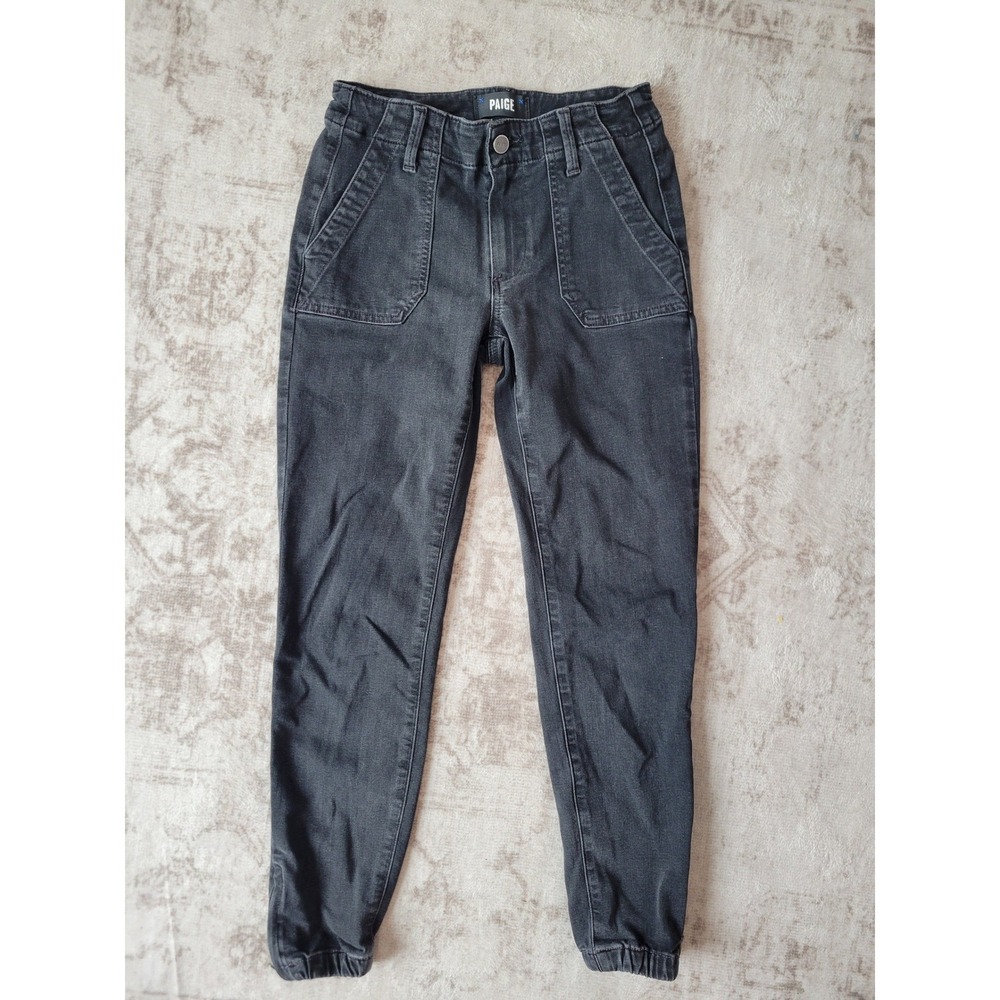 Paige Women 23 Black Denim Jogger Jeans Zipper Ankle Flap Pockets Cotton